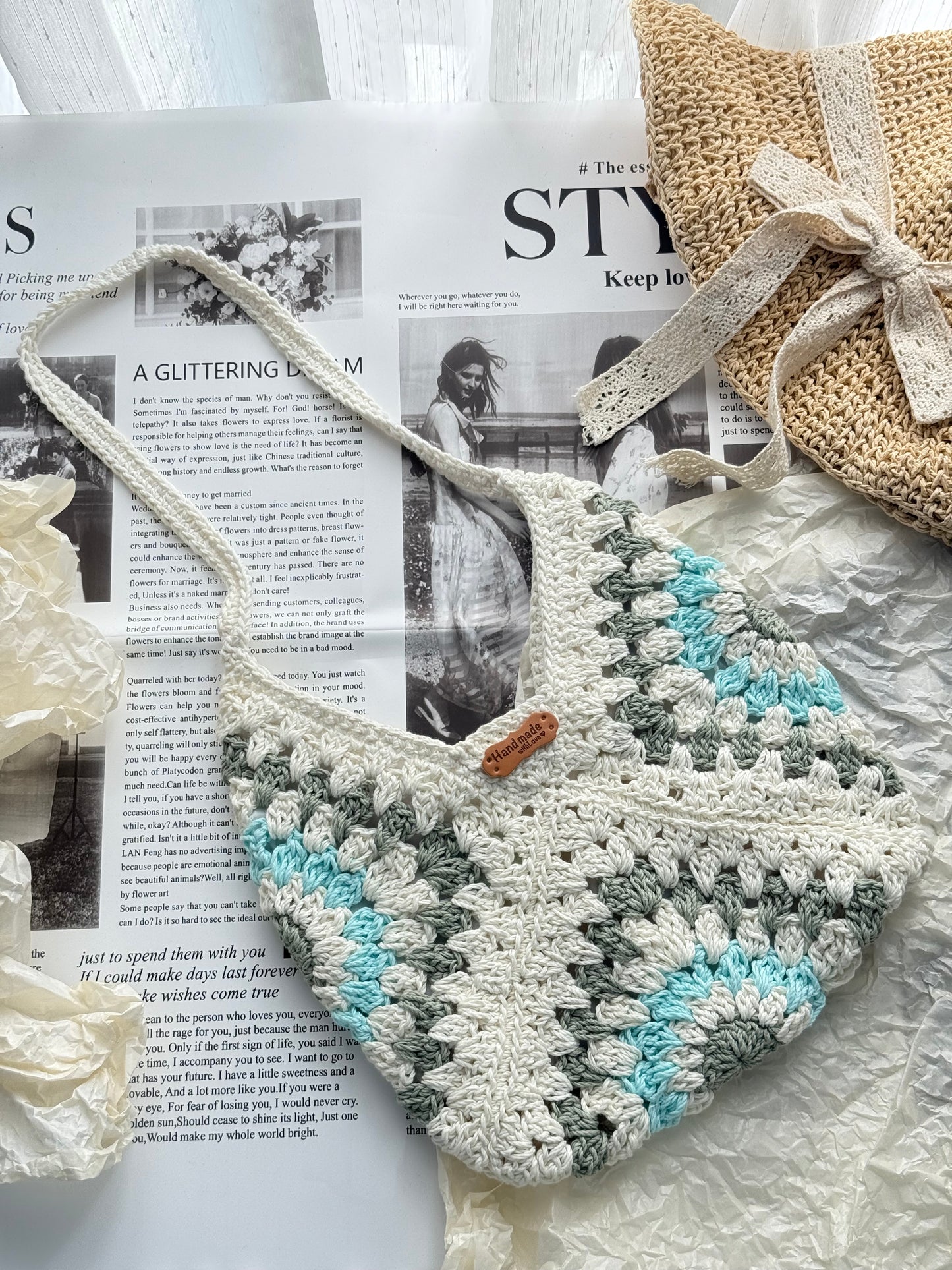 White/Blue Flower Handmade Crochet bag