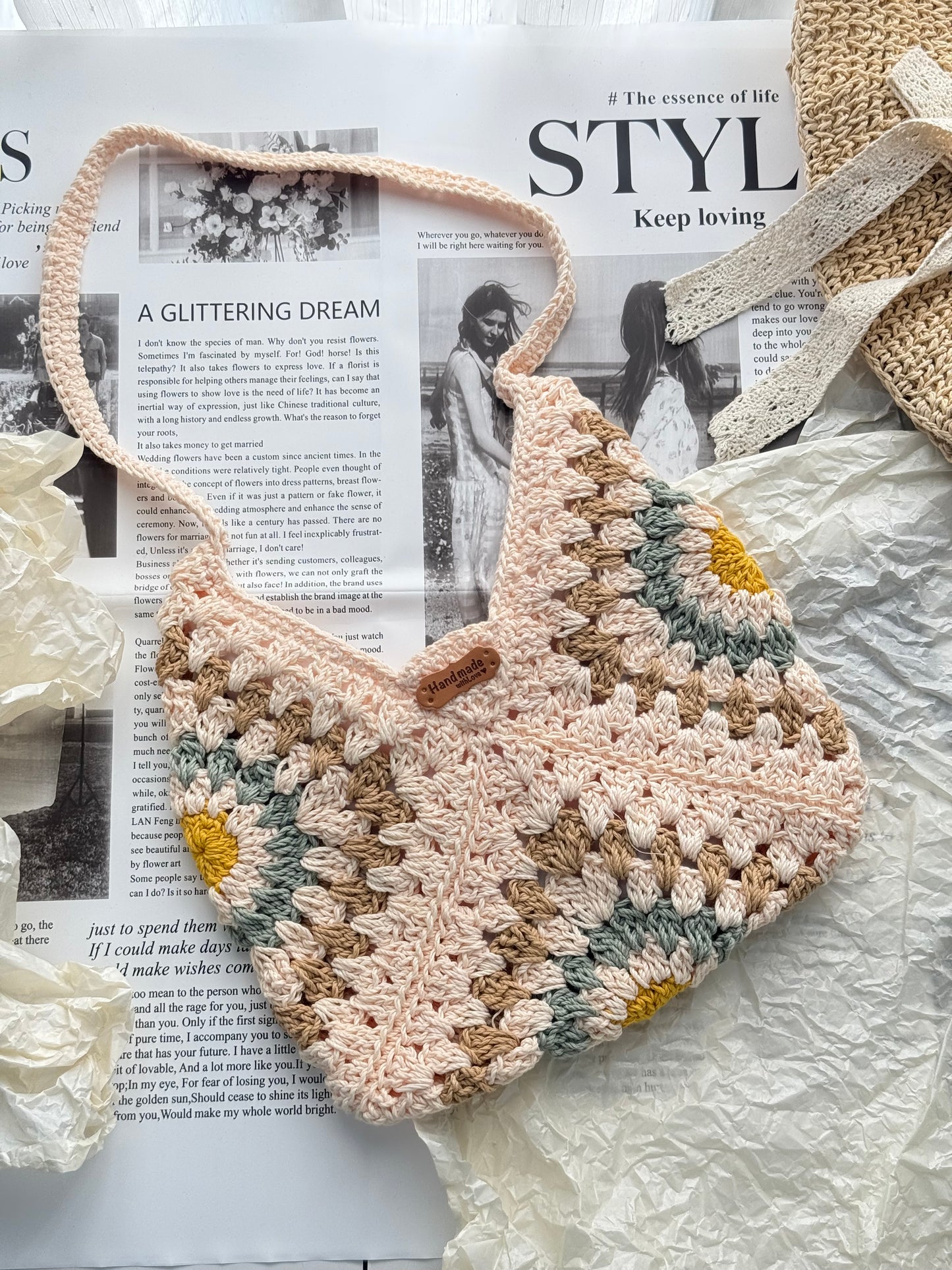 Blush pink/brown Flower Handmade Crochet bag