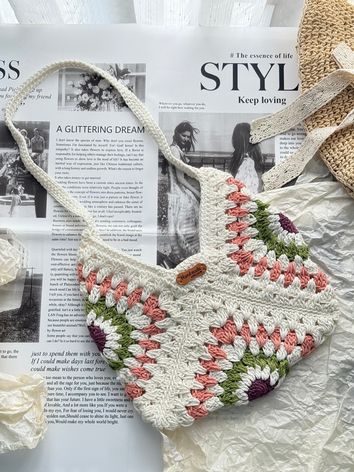 White Green Flower Crochet Handmade bag