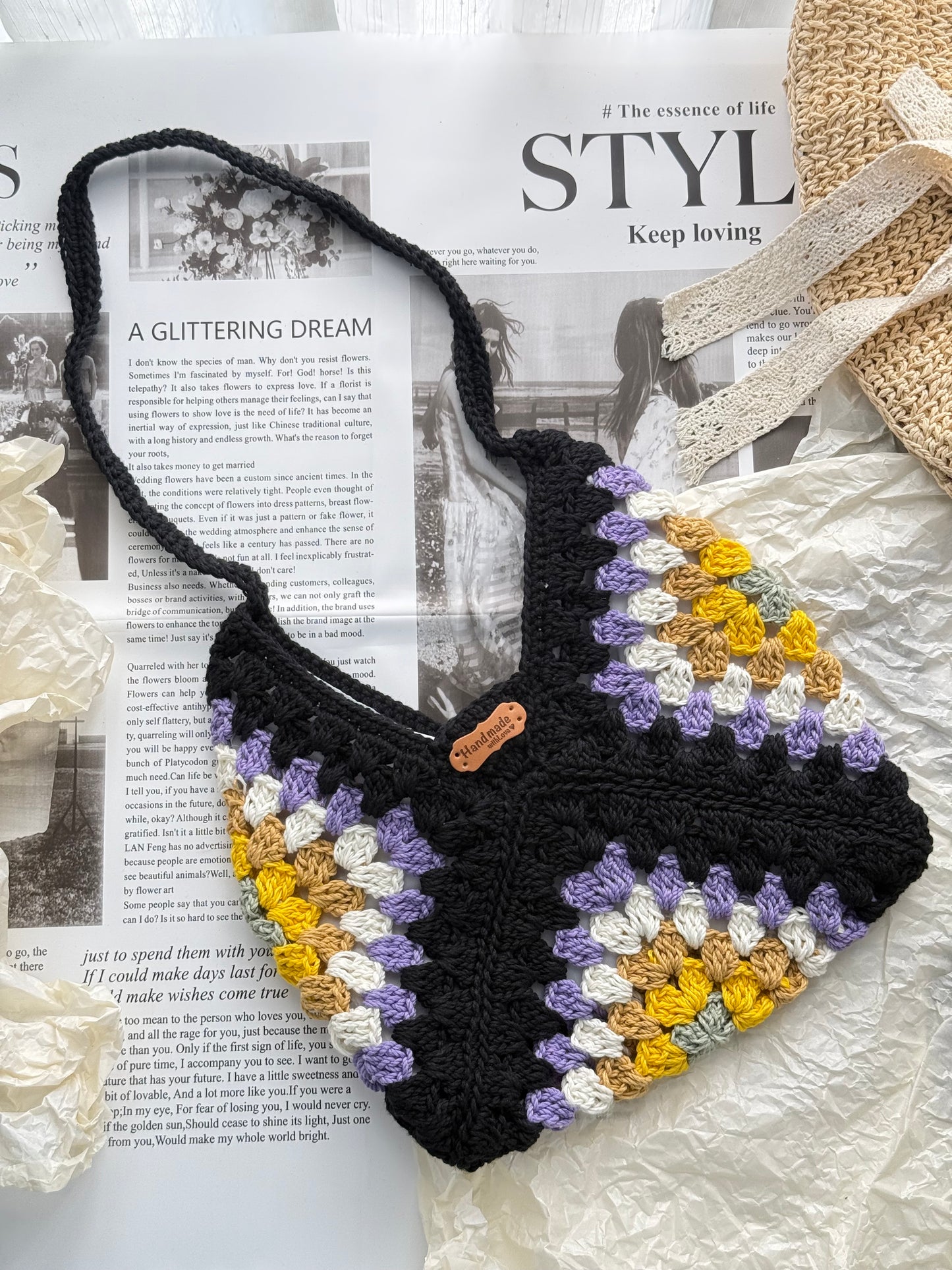 Black/ Purple Flower Handmade Crochet bag