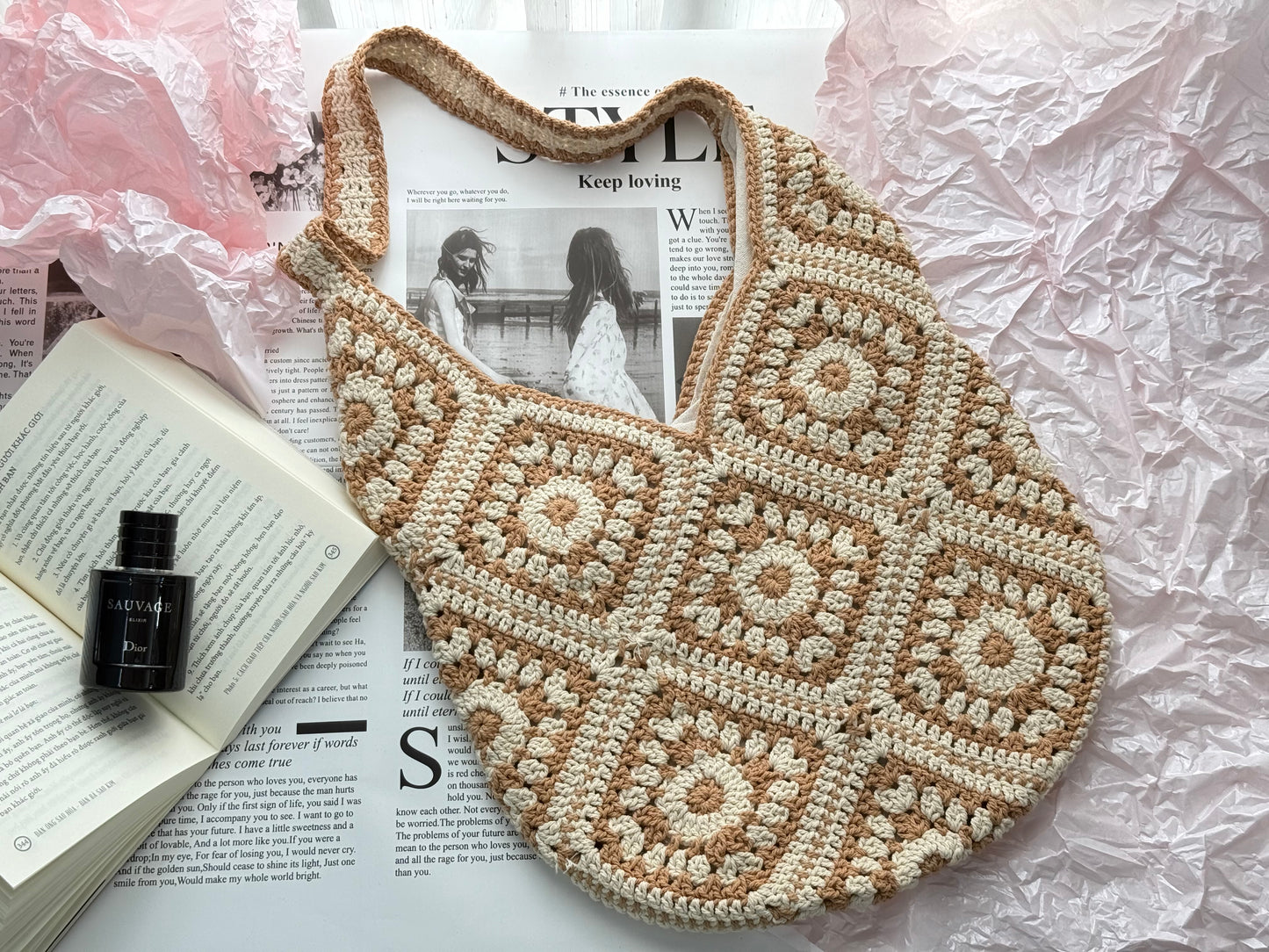 Pattern Brown Flower Handmade Crochet bag