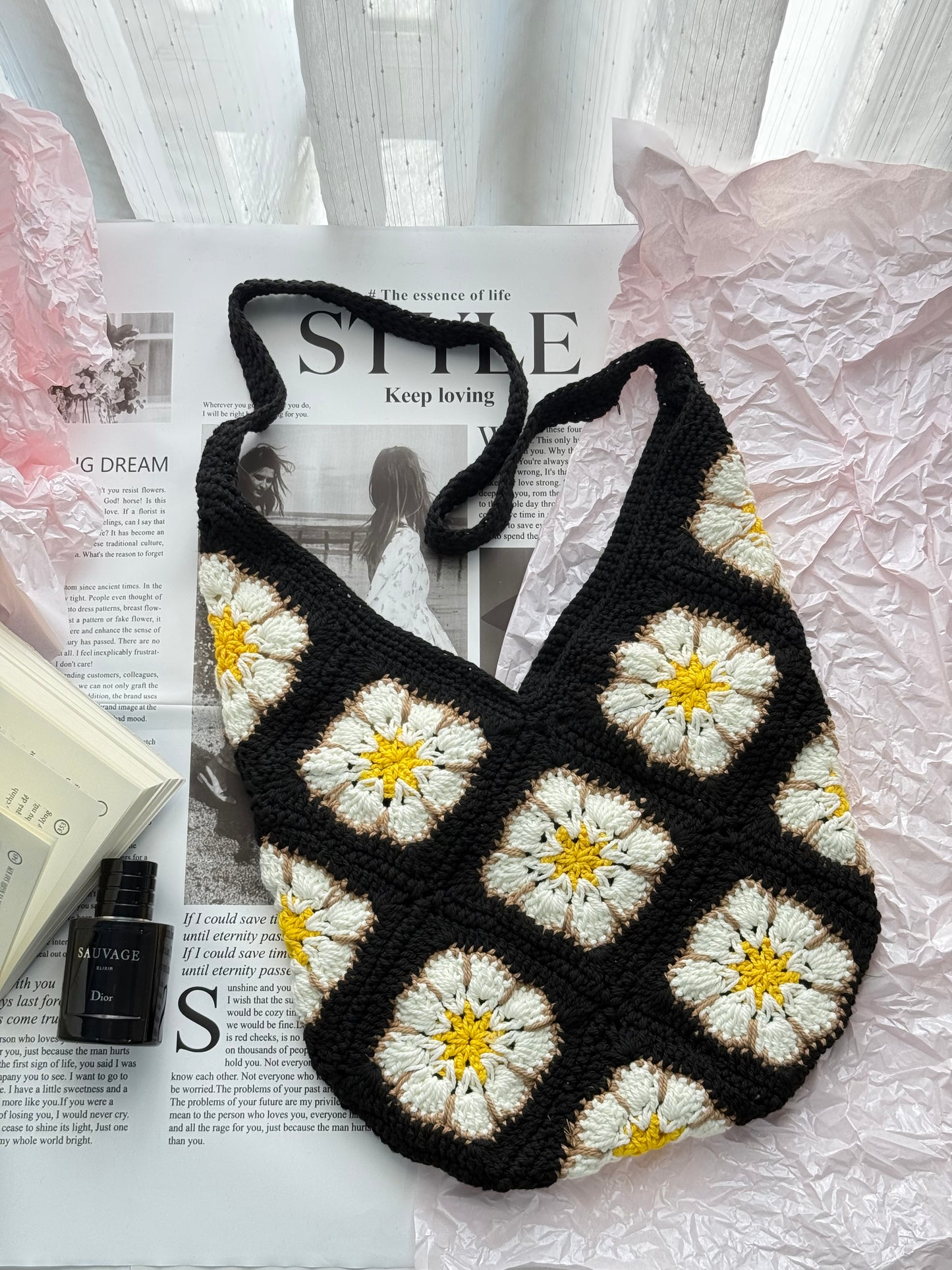 Black/ White Flower Handmade Crochet bag