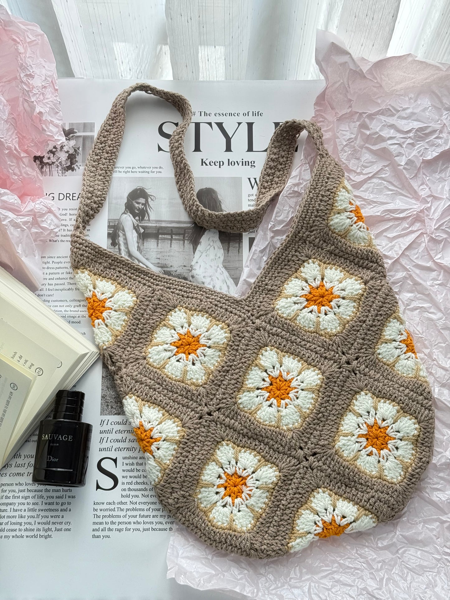 Brown Flower Handmade Crochet bag