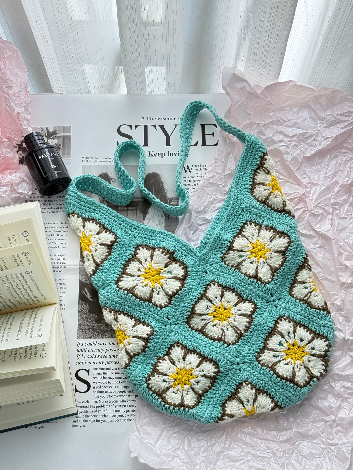 Baby Blue Flower Handmade Crochet bag