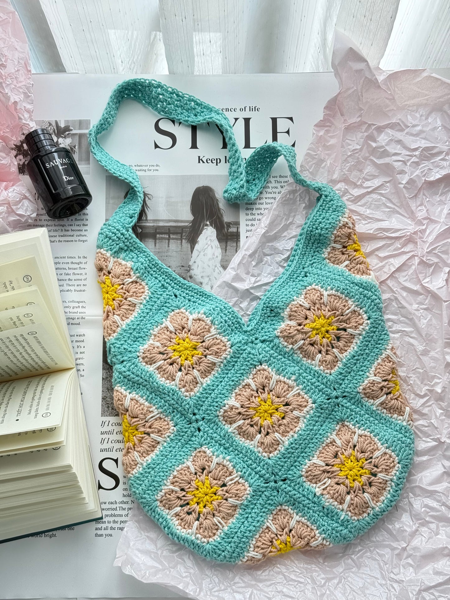 Light Blue Flower Handmade Crochet bag