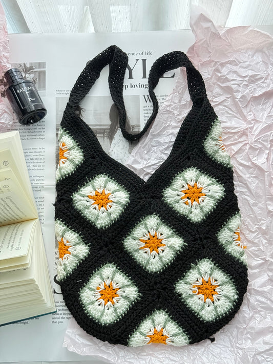 Black/ Orange Flower Handmade Crochet