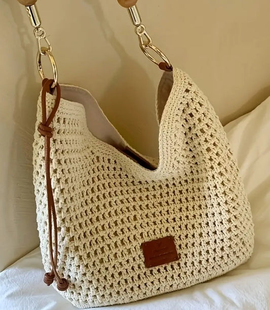Beige Knit Shoulder Bag with Magnetic Closure