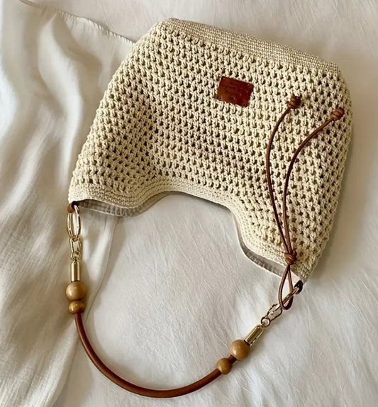 Beige Knit Shoulder Bag with Magnetic Closure