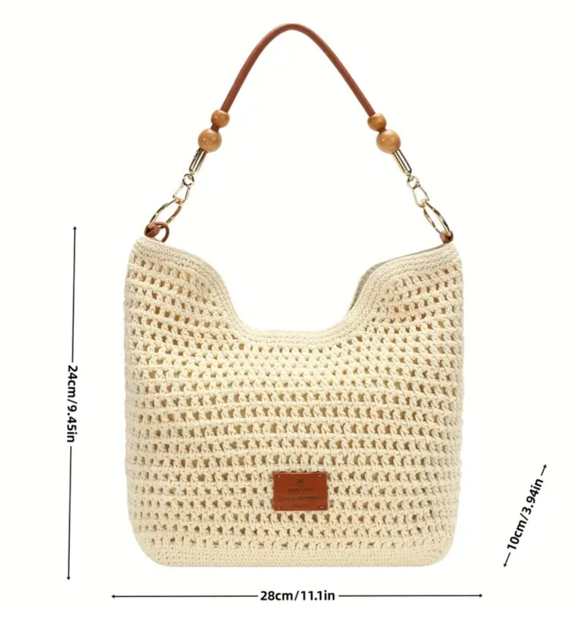 Beige Knit Shoulder Bag with Magnetic Closure