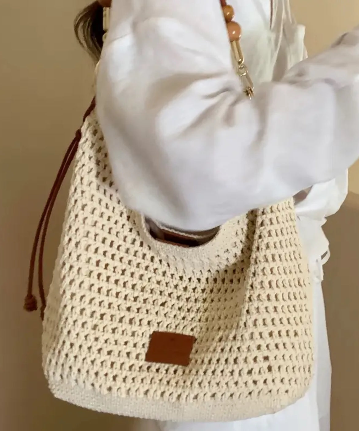 Beige Knit Shoulder Bag with Magnetic Closure