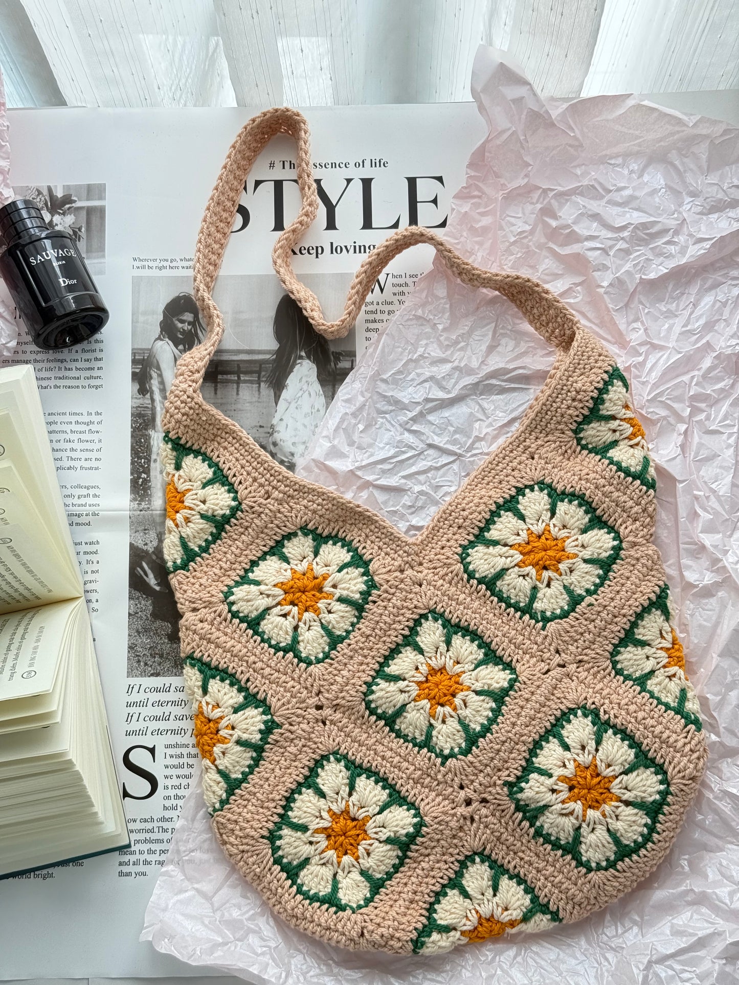 Rose Pink Flower Crochet bag