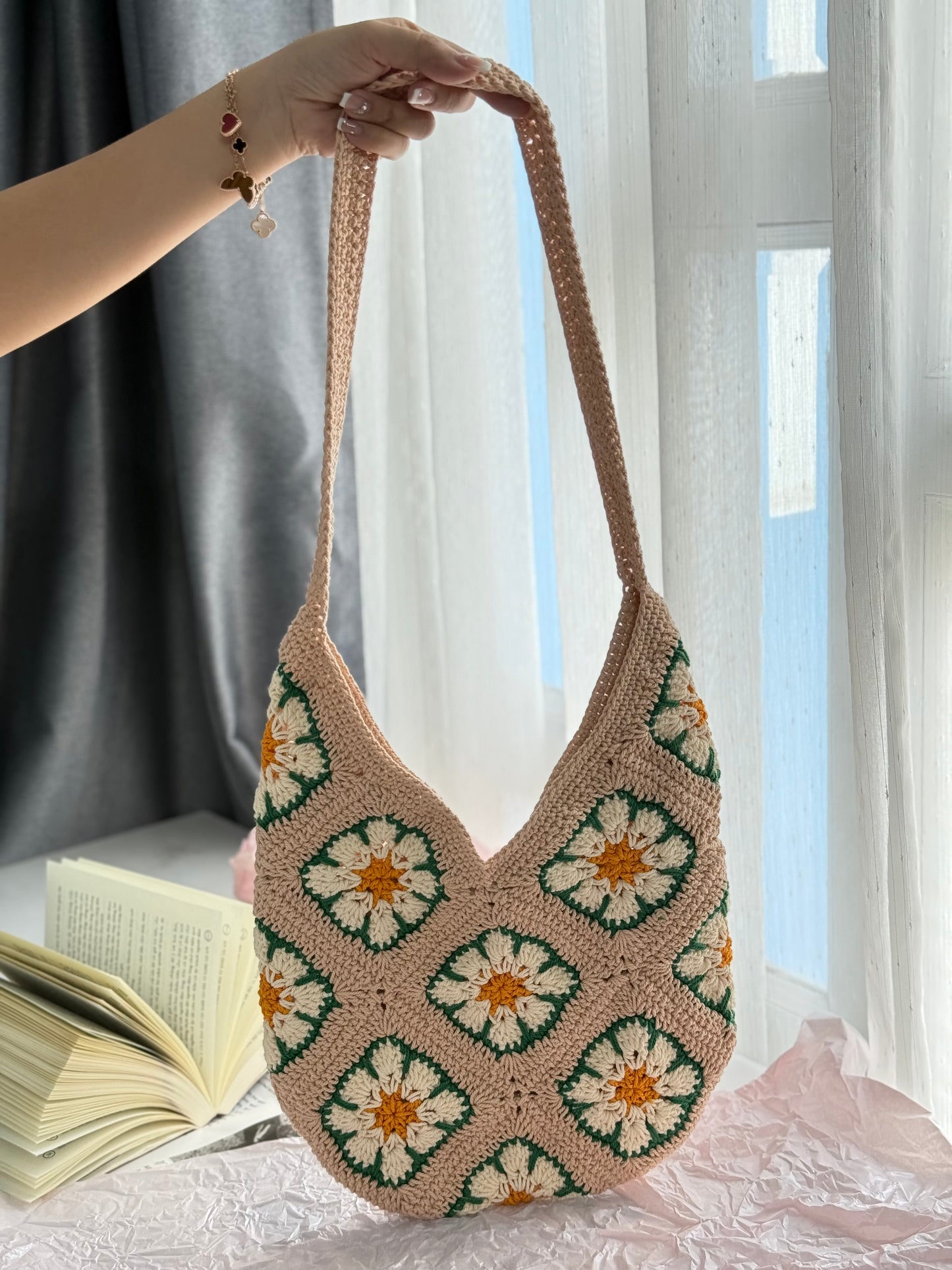 Rose Pink Flower Crochet bag