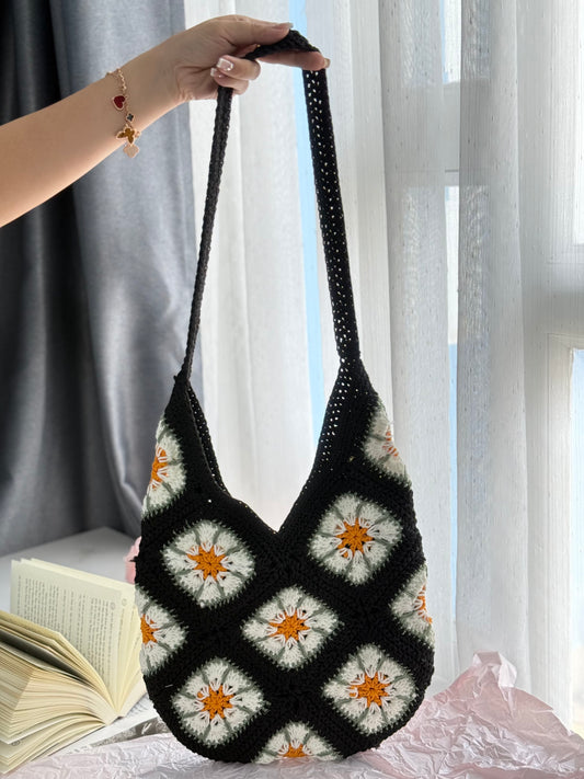 Black/ Orange Flower Handmade Crochet
